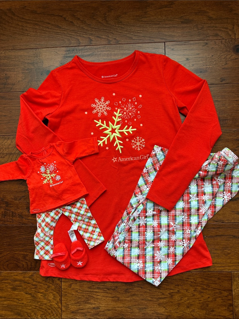 American Girl Red Snowflake Plaid Kids Pajama with matching doll set